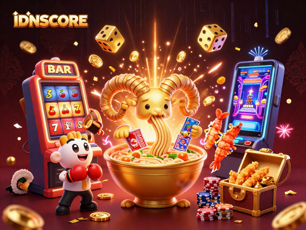 IDNSCORE slots scene with a giant golden ramen bowl and sushi dealer celebrating jackpots.