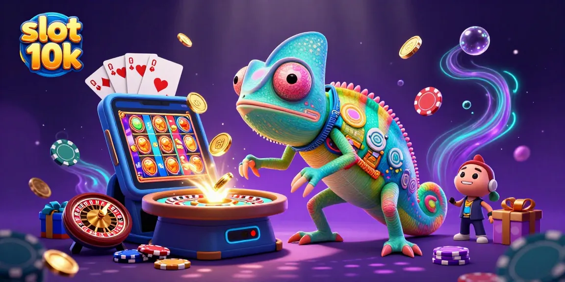 Menangkan slot 10k dengan berbagai simbol permainan slot mengelilingi pemilik kasino chameleon yang dinamis dan berwarna-warni.