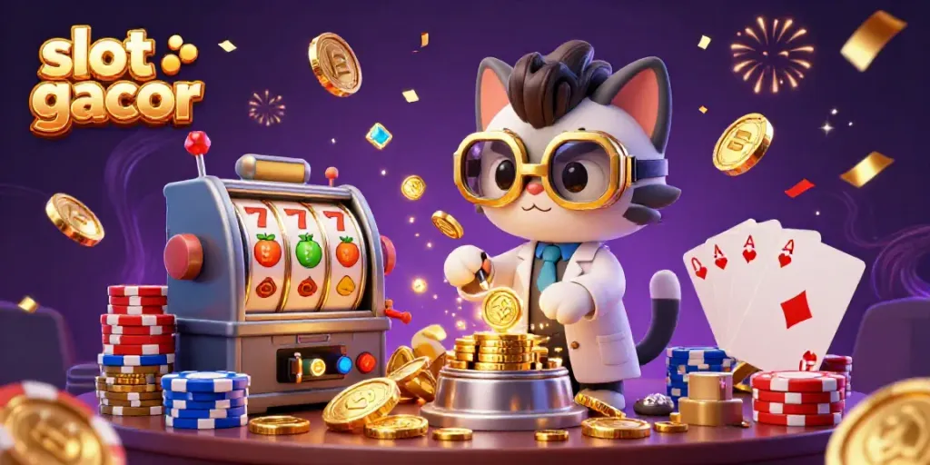 Engage in exhilarating slot gacor action with golden coins and spinning reels in a vibrant scene.