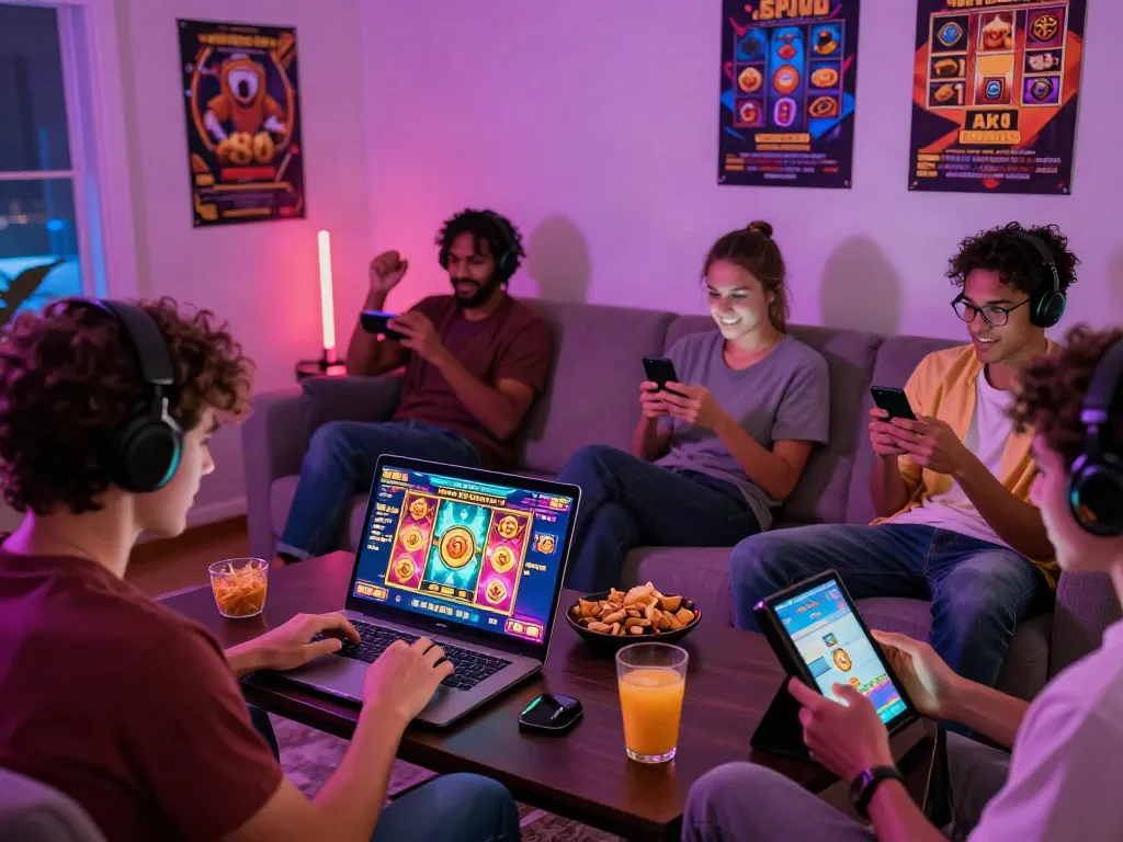 Engaged players enjoying Slot MAHJONGJP88 in a cozy gaming setup with vibrant neon lights.