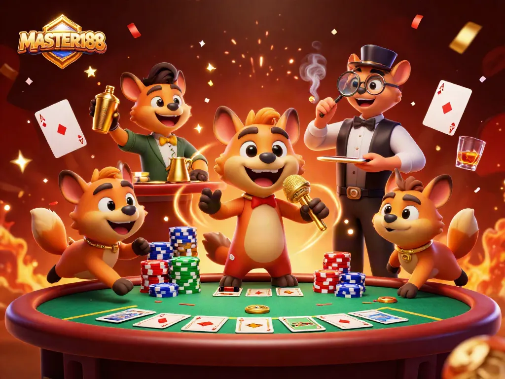 MASTER188 showcases a vibrant casino scene with hyenas in action, capturing the excitement of gaming.