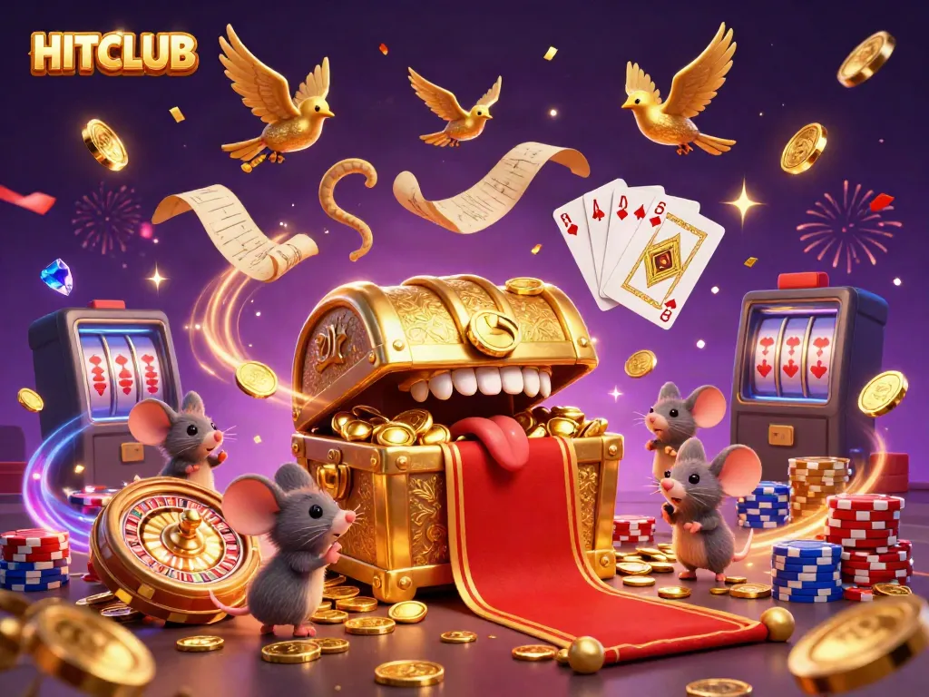 Experience HITCLUB's thrilling online gaming with treasure chests and casino excitement.