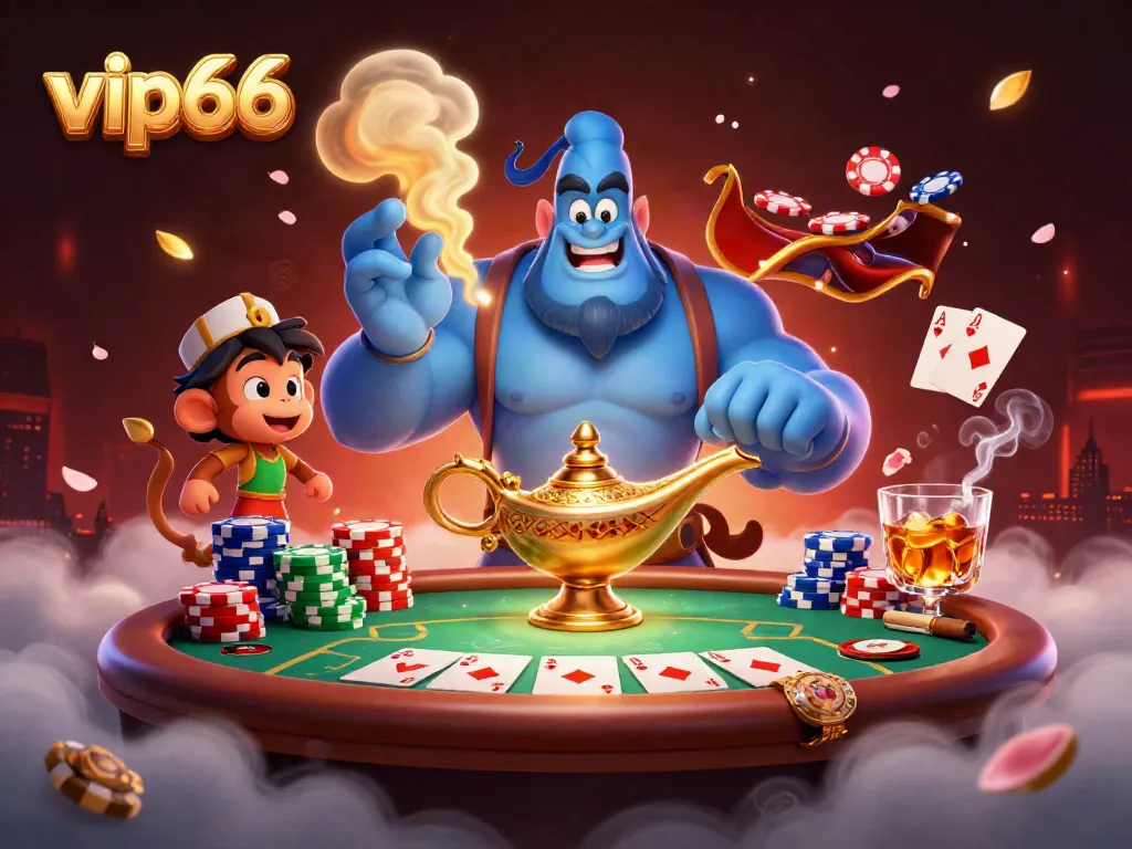 Experience the magic of vip66 with a vibrant casino scene featuring poker chips, a genie, and an Aladdin-style monkey.