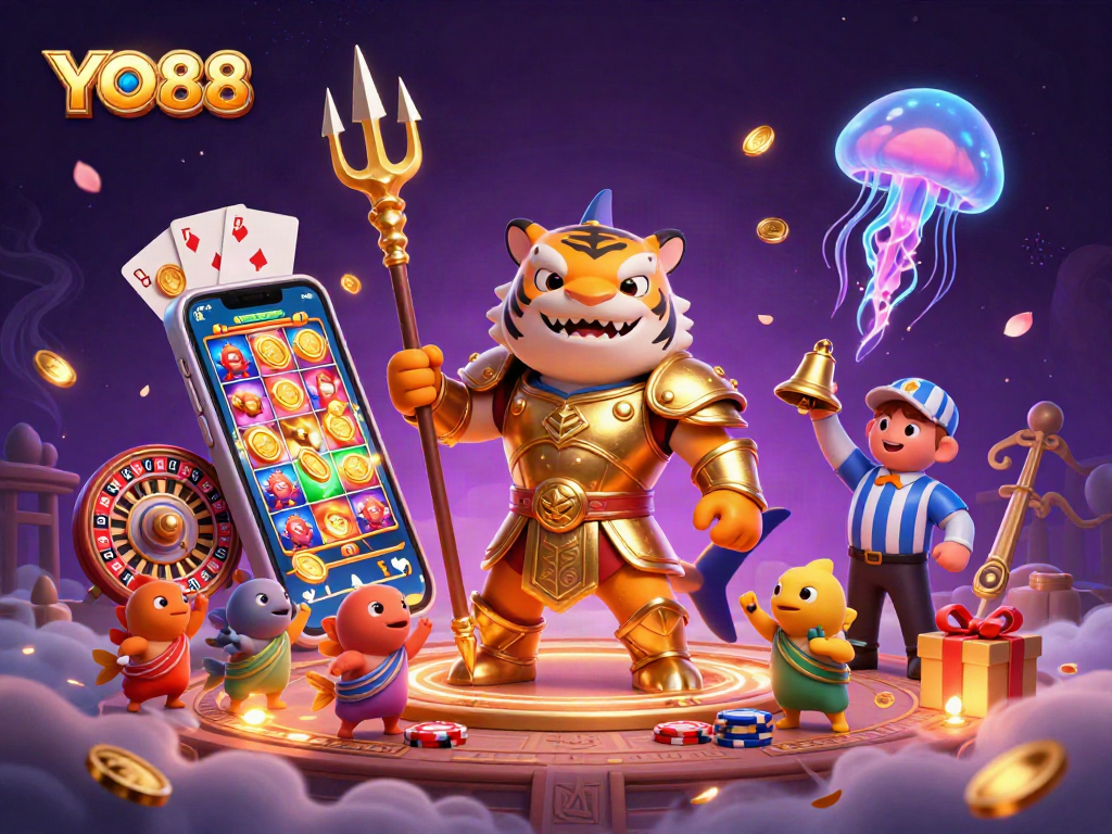 Experience thrilling gaming with YO88 featuring a tiger shark in golden armor and engaging casino elements.