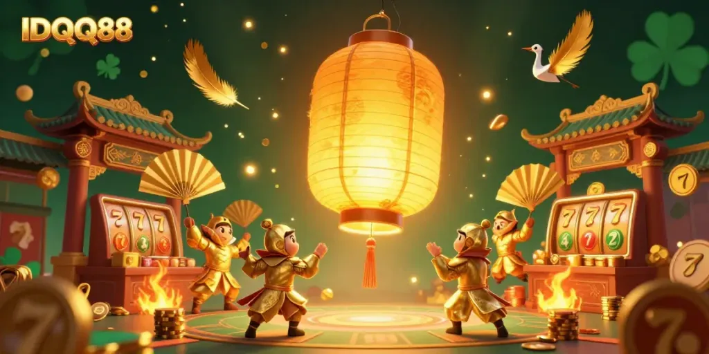 Play and win at IDQQ88's vibrant casino scene with glowing lanterns and golden winnings.