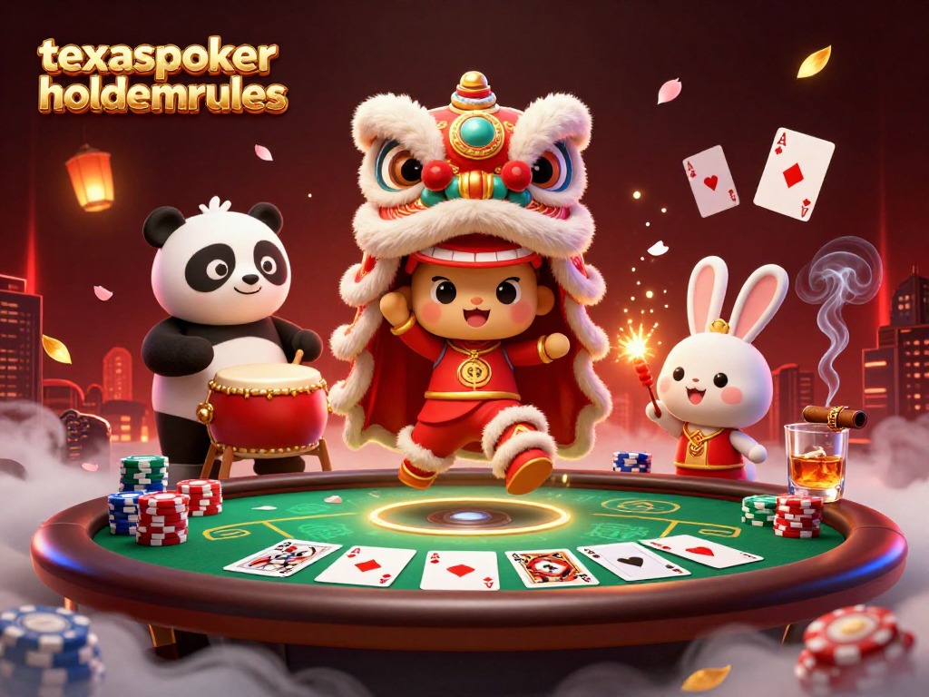 Experience a vibrant poker scene with texaspokerholdemrules, featuring lion dance performers and poker elements.
