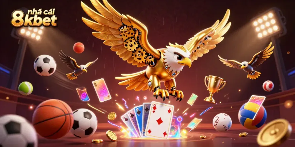 Experience dynamic gambling thrills with nhà cái 8kbet in a vibrant 3D illustration of casino elements.