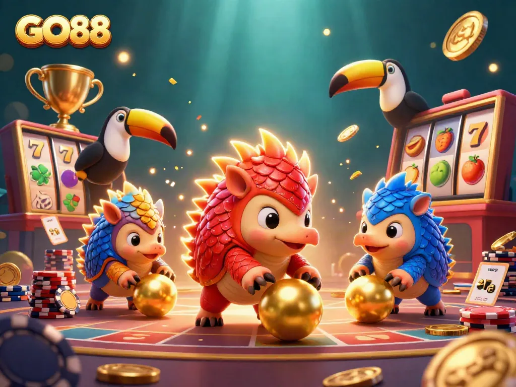 GO88 features a vibrant scene with rival pangolins bowling through poker chips, showcasing dynamic slots elements.