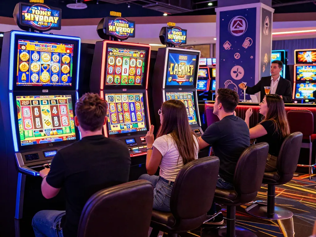 Players enjoying bonus buy slots UK in a lively casino with colorful screens and celebratory atmosphere.