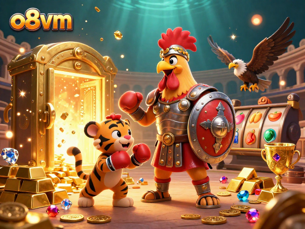 Experience thrilling jackpots with o8vm as cartoon gladiator rooster and cub spar with extravagant treasures.