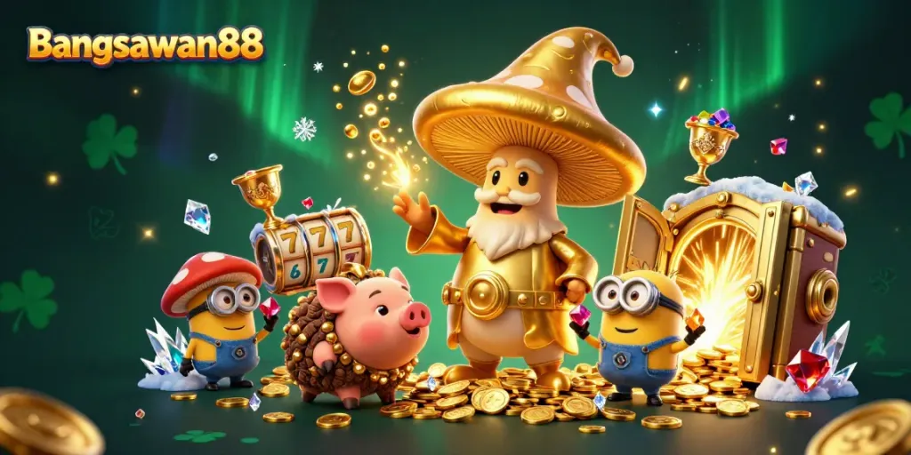 Bangsawan88 features a vibrant illustration of a golden mushroom wizard with casino elements, promoting online gaming excitement.