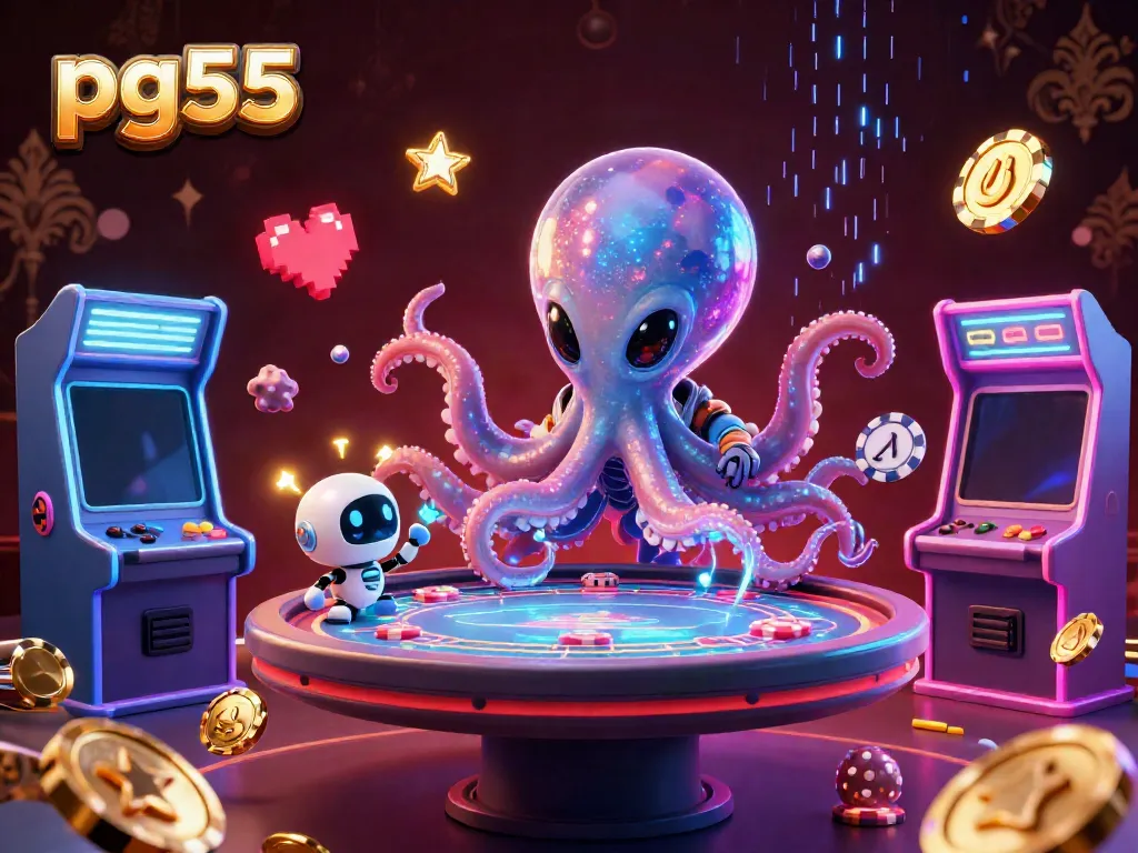Experience thrilling gameplay with pg55's alien octopus dealer at a vibrant holographic poker table.