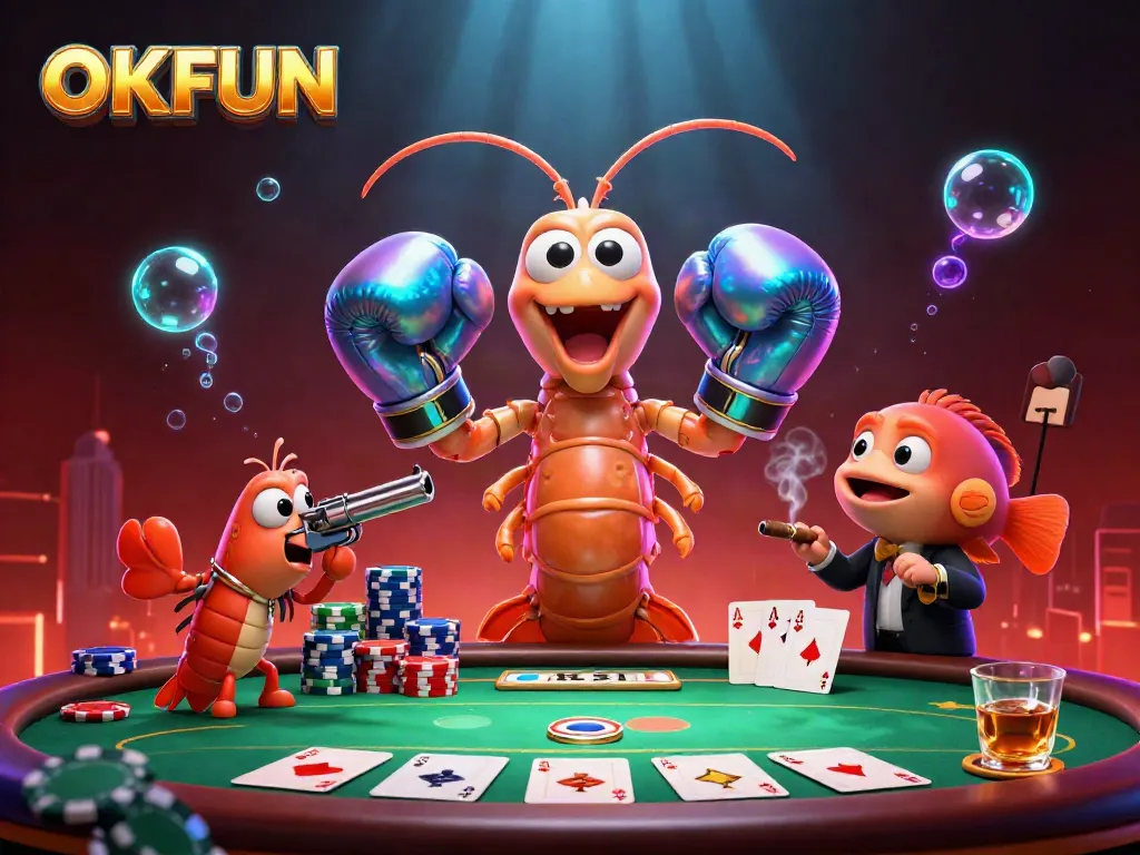 Engage in thrilling poker action with OKFUN's vibrant 3D casino scene, featuring dynamic characters and rich game elements.