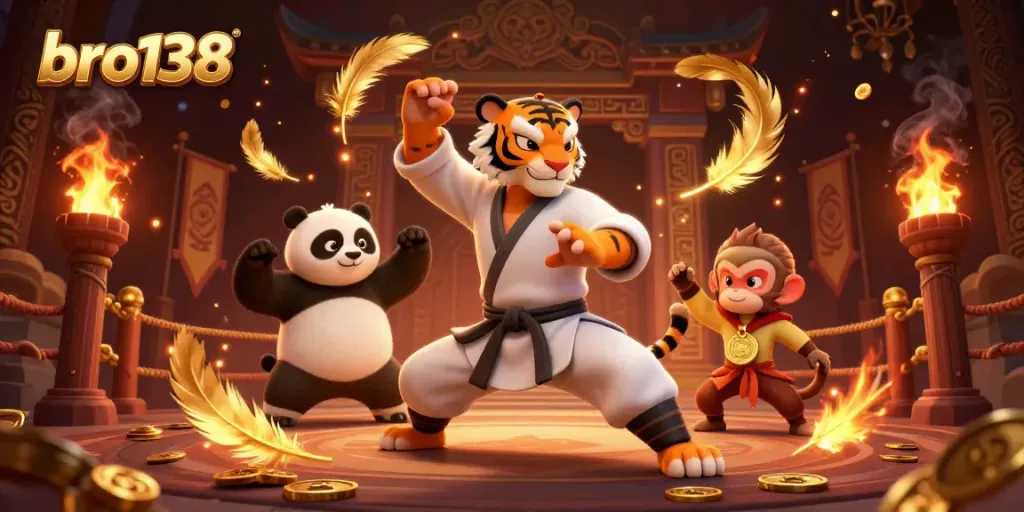 Experience the thrill of winning at bro138 with dynamic game symbols and characters in a vibrant casino scene.