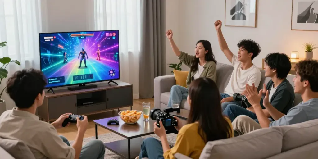 Friends enjoying gaming event on rbtv.io while engaging and interacting together.