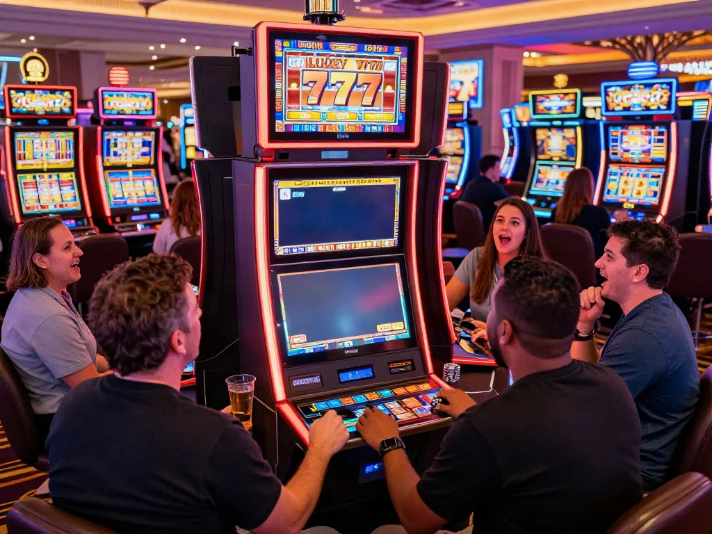 Exciting casino gaming scene featuring players engaged with Lucky777 slot machines, vibrant atmosphere.
