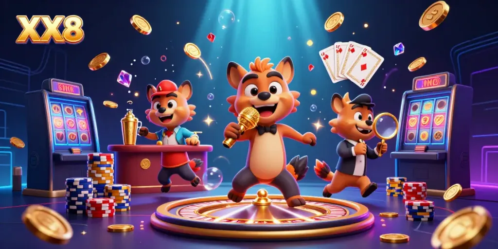 Experience the lively atmosphere of XX8's casino with hyenas entertaining and mixing drinks.