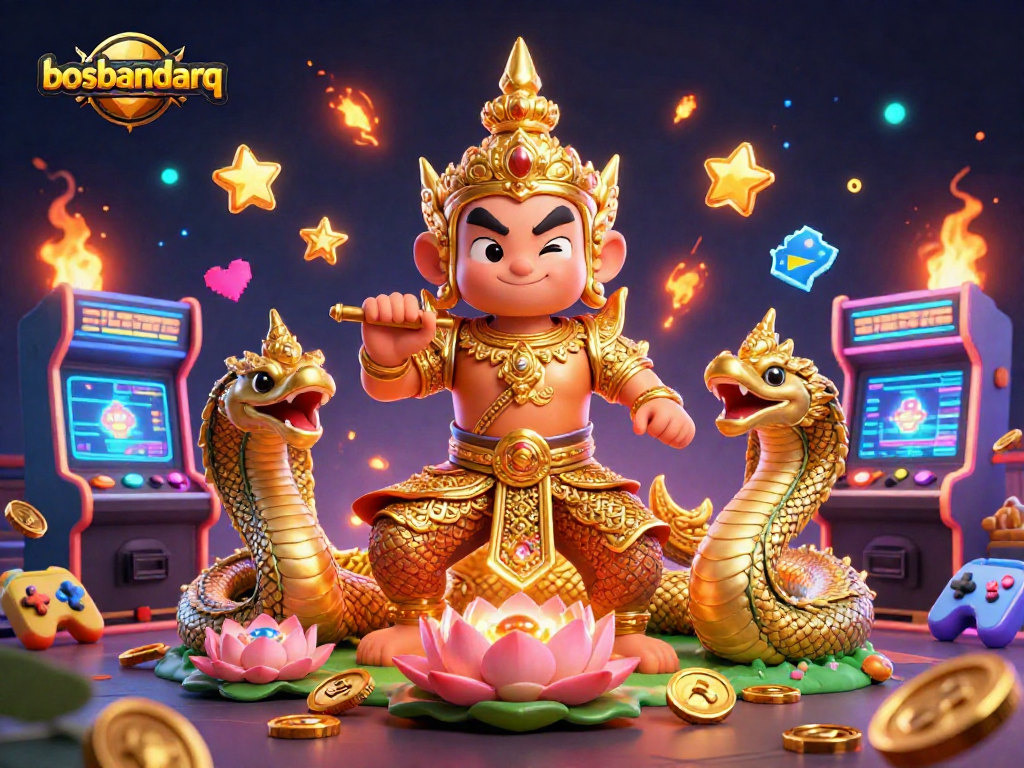 Join the action at bosbandarq with vibrant casino game elements and characters in this dynamic 3D illustration.