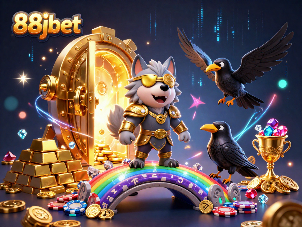 Join the excitement of 88jbet with Norse-inspired characters celebrating their jackpot treasures.