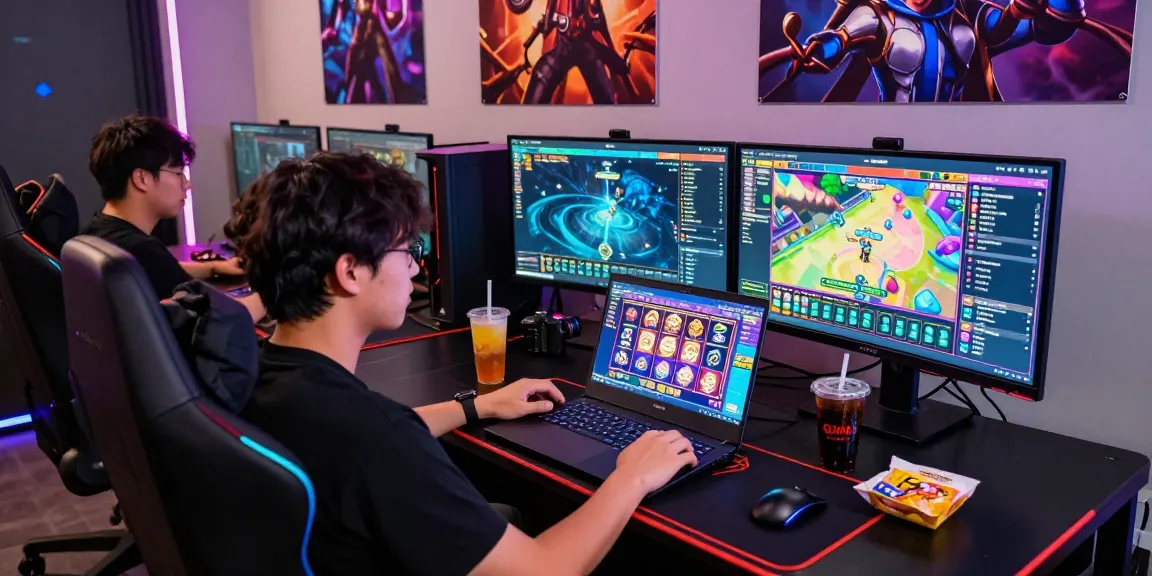 Engaged gamer exploring slot gacor games with vibrant screens and dynamic setup.