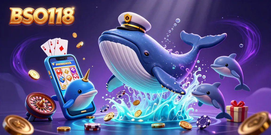 Experience thrilling wins at BSO118 while watching playful dolphins with poker chips in a rich 3D casino scene.