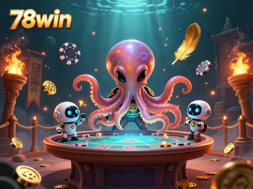 Experience thrilling poker action with 78win's vibrant cartoon scene featuring an alien octopus.