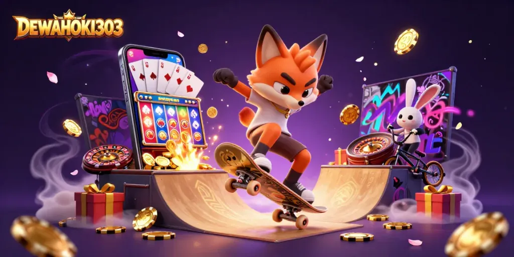 DEWAHOKI303 meluncurkan slot menarik dengan karakter lucu di latar belakang kasino yang berwarna-warni.