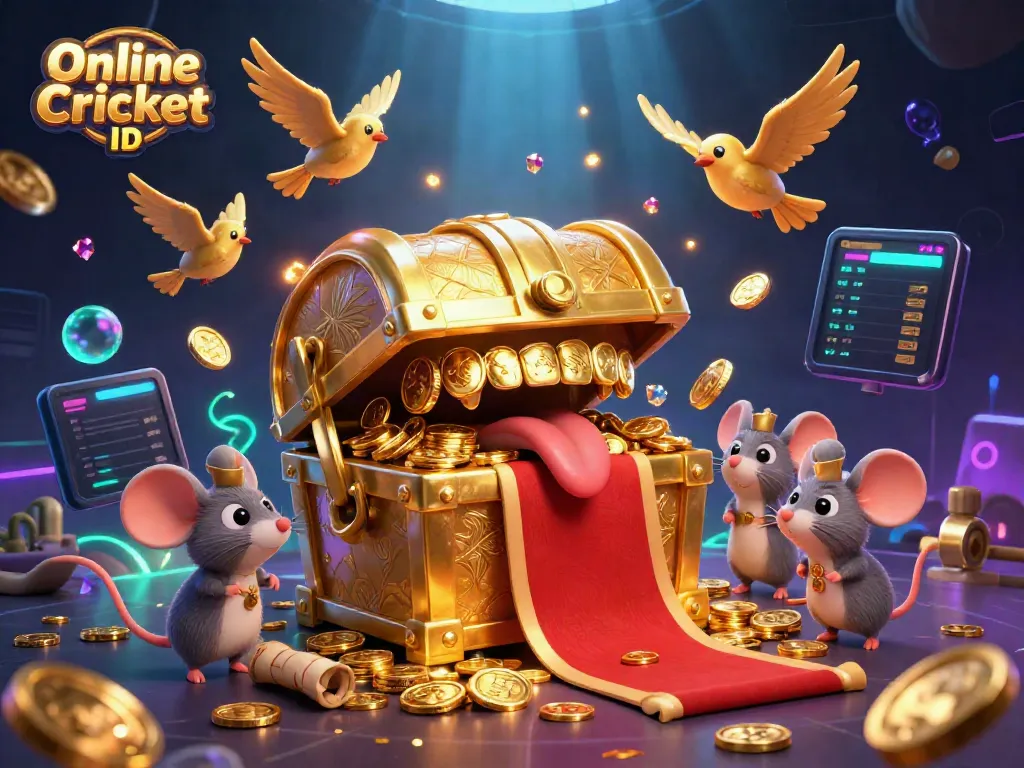 Engage in thrilling cricket betting with a verified Online Cricket ID as dynamic elements surround an animated treasure chest.