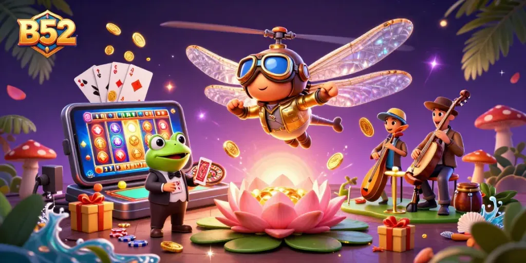 Engage with the B52 casino experience featuring a lively dragonfly pilot and frog croupier in action.