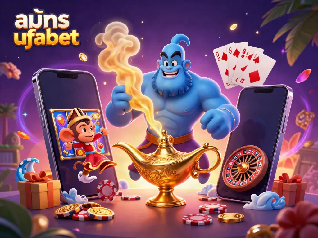 Engage in thrilling casino adventures with สมัคร ufabet as a muscular genie and playful monkey soar above a vibrant gaming scene.