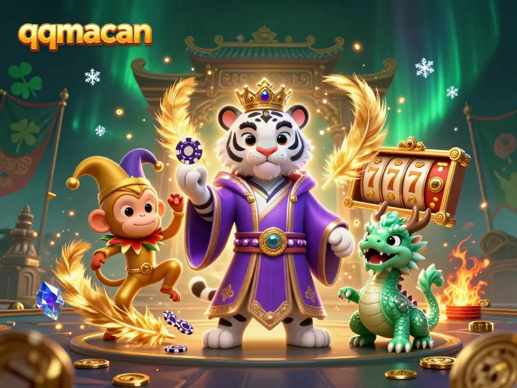 Experience excitement at qqmacan with a charming scene of a white tiger, jester monkey, and jade dragon amidst vibrant casino elements.