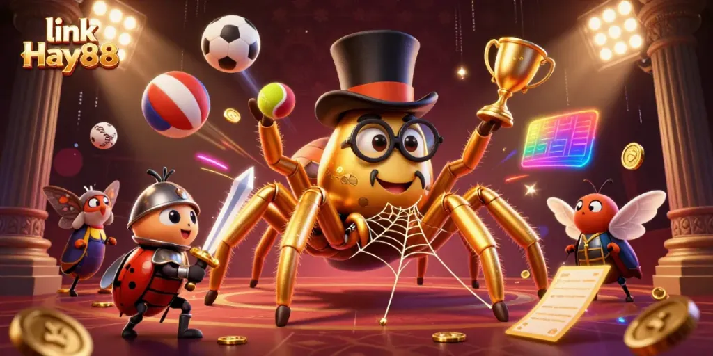 Engage with the thrill of gaming at link Hay88 showcasing a glowing tarantula, beetle knight, and dynamic sports elements.