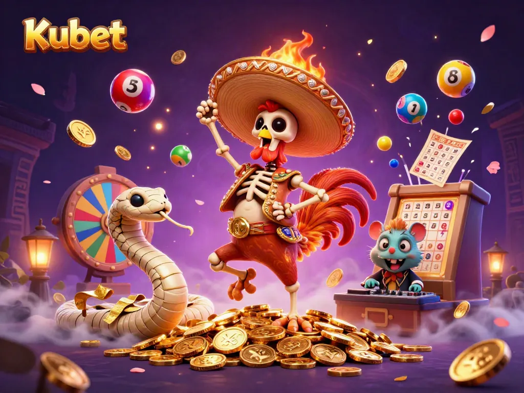 Kubet celebrates gaming excitement with a vibrant 3D scene of a dancing skeleton rooster, accompanied by a mummy snake and zombie DJ, amidst colorful lottery balls and golden coins.
