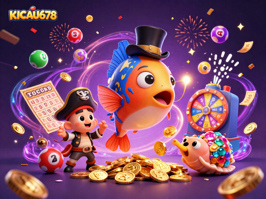 KICAU678 brings thrilling dynamic lottery action with cartoon characters under a festive backdrop.