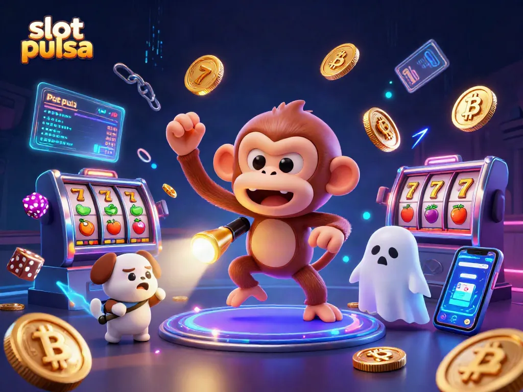Engage with slot pulsa adventures in a vibrant casino scene with playful ghosts and crypto elements.