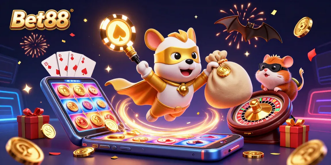Bet88 gaming adventure with a superhero dog and hamster amid colorful slot elements.