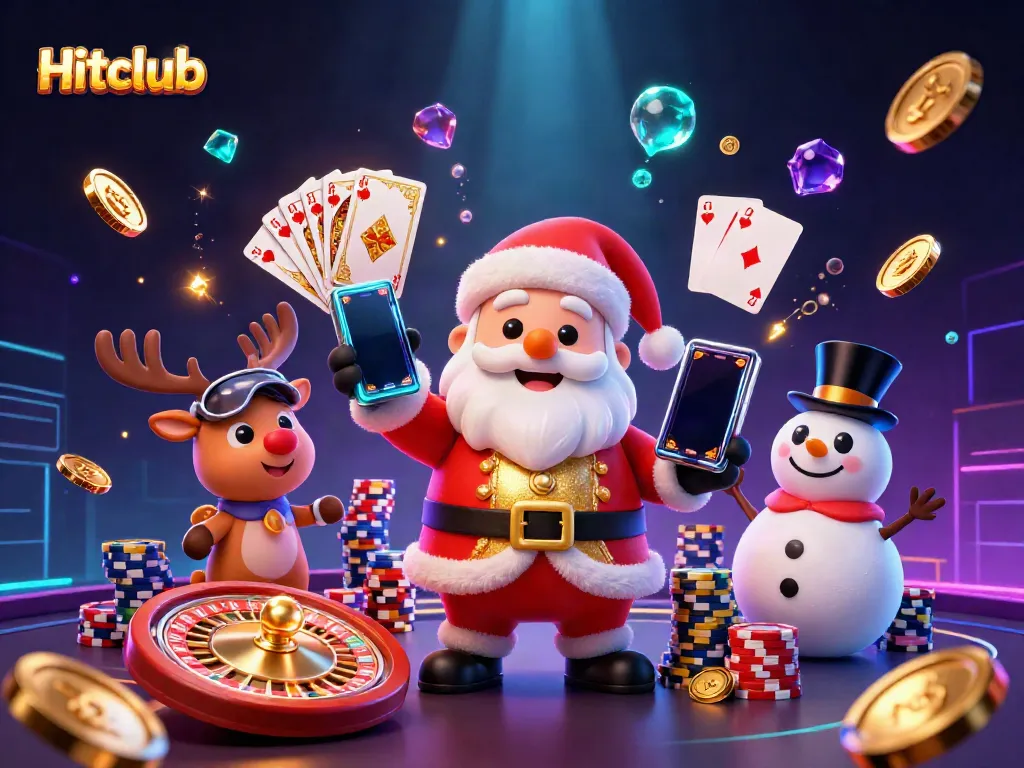 Experience exciting gameplay at Hitclub with Santa and friends amidst cascading coins and vibrant casino elements.