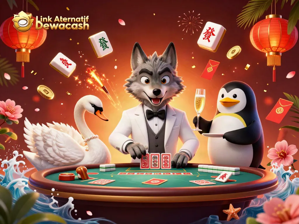 Engage in thrilling gaming with Link Alternatif Dewacash featuring a debonair wolf, elegant swan, and sophisticated penguin.