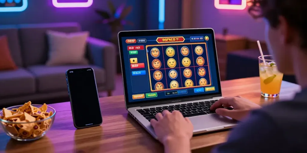 Player enjoying an SGP slot game on laptop with vibrant gaming decor.