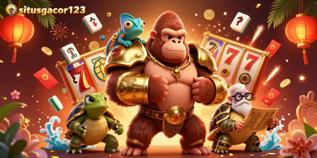 Engage with situsgacor123 in an exciting gaming scene featuring a gorilla king, chameleon, and tortoise elder amidst dynamic casino elements.