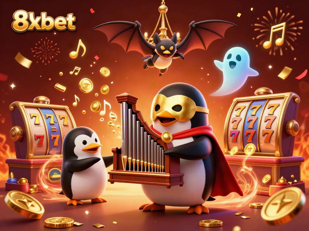 Experience the thrill of 8xbet with vibrant casino action, featuring a penguin and gold coins.