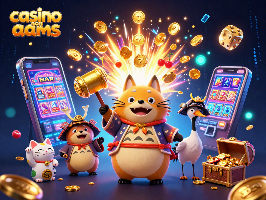 Slot machine, martello e gatti fortuna in un'illustrazione vivace di casino non aams.