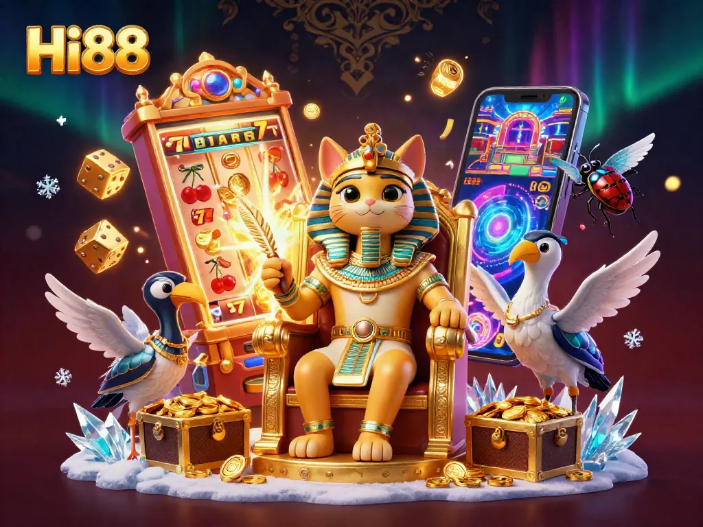 Win exciting jackpots at Hi88 as Egyptian themed characters celebrate in a lavish casino atmosphere.