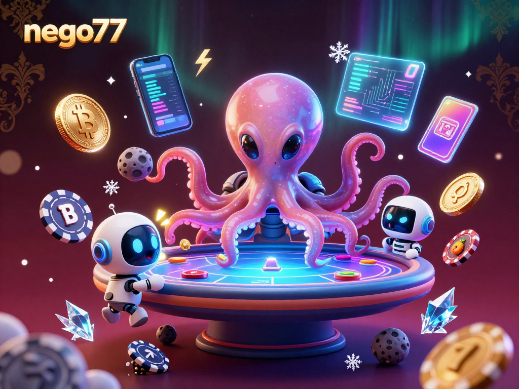 Play exciting games at nego77 with a galactic octopus dealing poker beneath vibrant cosmos.