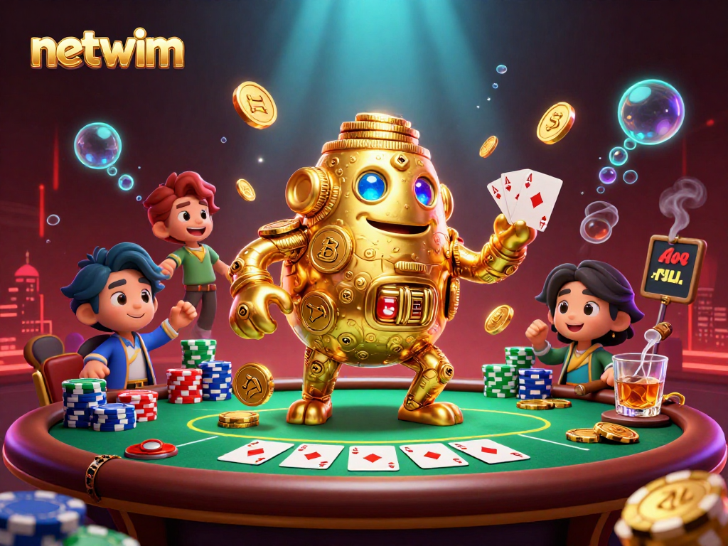 Experience netwim's thrilling gaming scene with a captivating golden golem amidst vibrant poker elements.