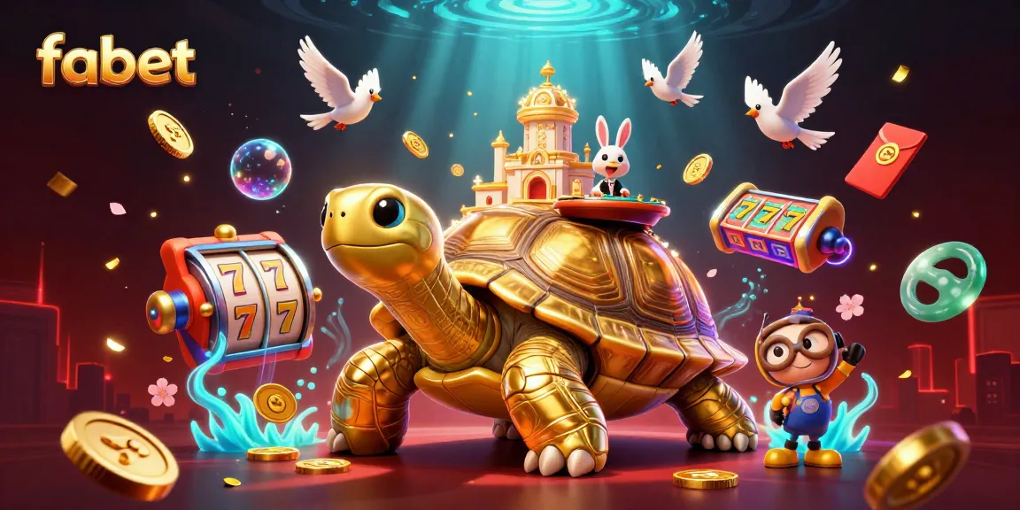 Join the fun at fabet as a rabbit dealer oversees golden tortoise-themed casino excitement.
