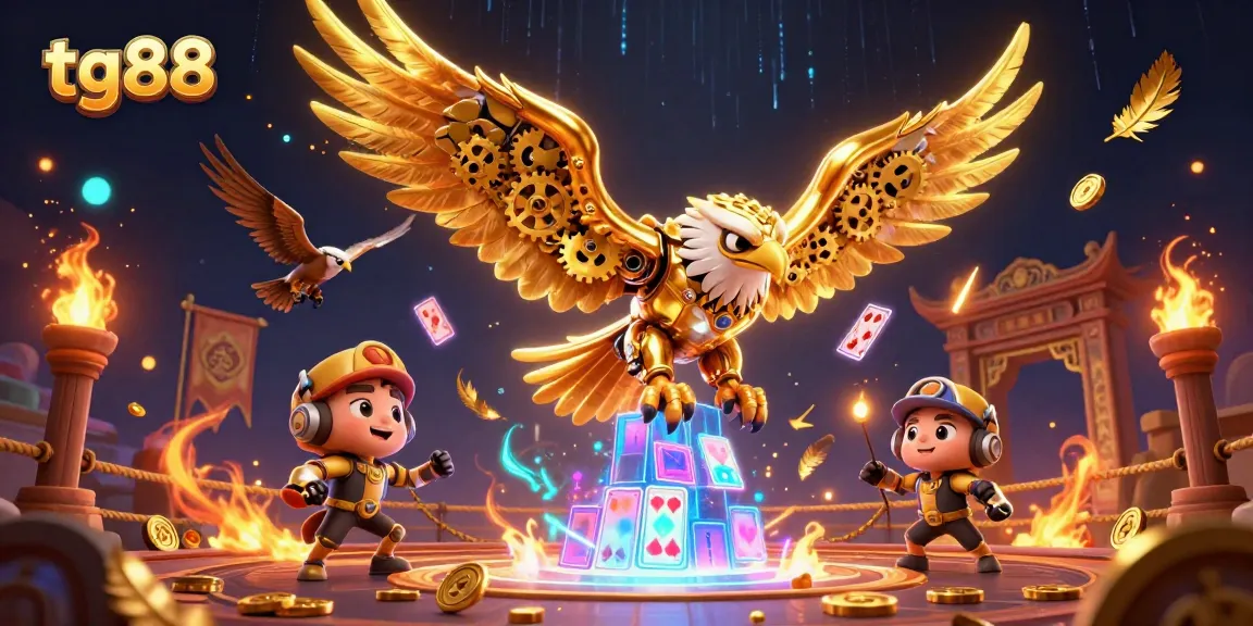 Experience thrilling gameplay as tg88's golden eagle dives through a cascade of holographic cards.