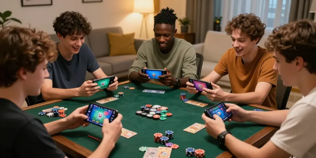 Players enjoying 3 Patti No1 app in a cozy living room, showcasing vibrant graphics and engaging gameplay.