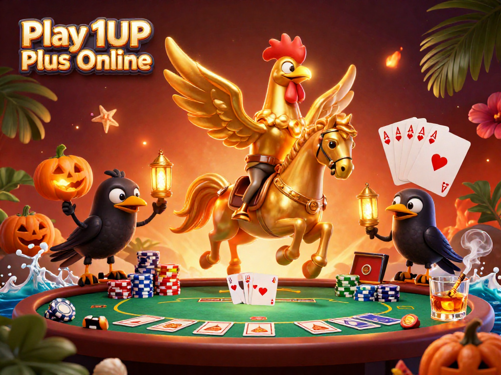 Experience the thrill of Play 1UP Plus Online with a golden rooster knight in a vibrant casino scene.