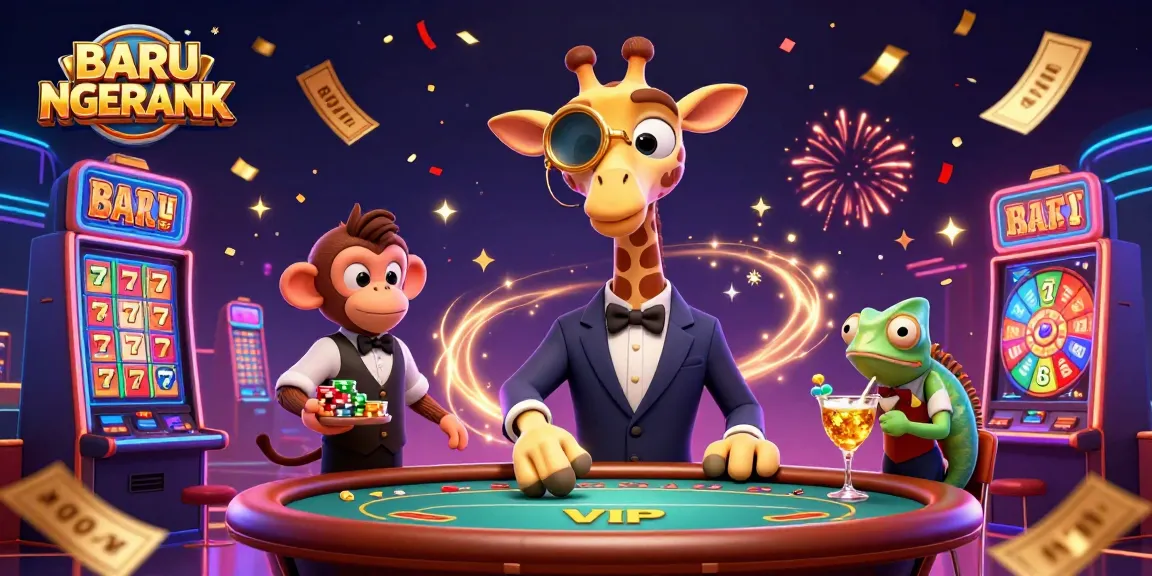Engage in thrilling casino action at BARU NGERANK featuring high-rolling giraffe and vibrant slot elements.